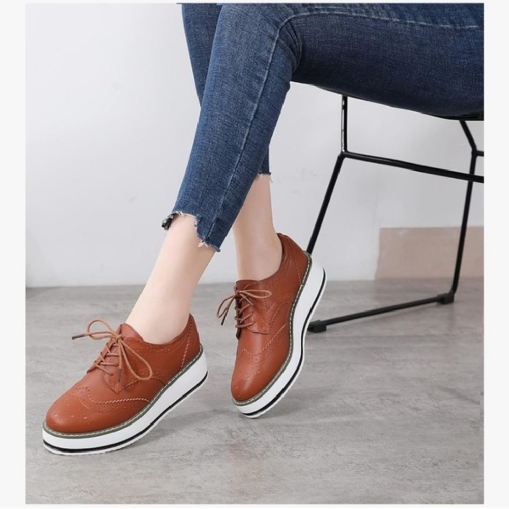 DADAWEN Women's Flats Platform Shoes Oxfords Casual Shoes Brown Size EU 43